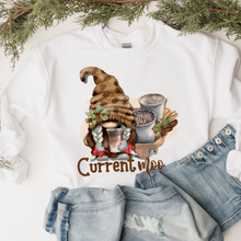 Load image into Gallery viewer, Christmas Women's Unisex-Size Crewneck Sweatshirt Current Mood Coffee Cute Hand Drawn Watercolor Gnome in Ash, Sand, White or Navy