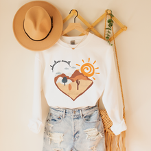 Load image into Gallery viewer, Adventure Awaits Women's Crewneck Sweatshirt Beautiful Hand-Drawn Desert with Cactus on a Comfy, Cozy White, Ash, or Sand Pullover