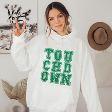 Load image into Gallery viewer, Touchdown Unisex Women's or Men's White Hooded Distressed Football Design Sweatshirt or Hoodie