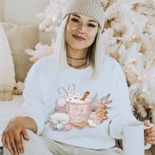Load image into Gallery viewer, Women's Christmas Crewneck Sweatshirt Cute Gnome Baby It's Cold Outside Winter Pastel Pink Gnome and Hot Cocoa Warm Cozy Gildan® Shirt