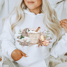 Load image into Gallery viewer, Baby It's Cold Outside Women's Christmas Hooded Sweatshirt Cute Gnome with Hot Coca White Hoodie Watercolor Hand Drawn Design