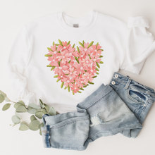 Load image into Gallery viewer, Valentine's Day Floral Heart in White Pink or Red Crewneck Sweatshirt Unisex Valentine's Gift Pretty Floral Heart Sweatshirt