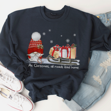 Load image into Gallery viewer, Christmas Gnome Crewneck Sweatshirt Women's Cozy Gildan® Winter Pullover At Christmas All Roads Lead Home Hand Drawn Gnome Lover Gift