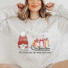 Load image into Gallery viewer, Christmas Gnome Crewneck Sweatshirt Women's Cozy Gildan® Winter Pullover At Christmas All Roads Lead Home Hand Drawn Gnome Lover Gift