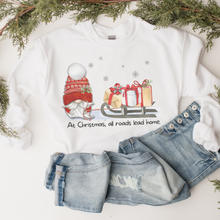Load image into Gallery viewer, Christmas Gnome Crewneck Sweatshirt Women's Cozy Gildan® Winter Pullover At Christmas All Roads Lead Home Hand Drawn Gnome Lover Gift