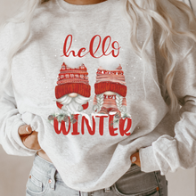 Load image into Gallery viewer, Women's Christmas Unisex-Size Crewneck Sweatshirt Hello Winter Watercolor Gnomes in Ash, Sand, White or Navy
