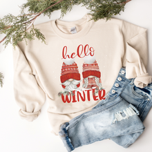 Load image into Gallery viewer, Women's Christmas Unisex-Size Crewneck Sweatshirt Hello Winter Watercolor Gnomes in Ash, Sand, White or Navy