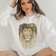 Load image into Gallery viewer, Watercolor Lion Women's Crewneck Sweatshirt Beautiful Hand-Drawn Lion on a Comfy, Cozy White, Ash, or Sand Pullover