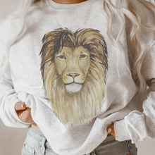 Load image into Gallery viewer, Watercolor Lion Women's Crewneck Sweatshirt Beautiful Hand-Drawn Lion on a Comfy, Cozy White, Ash, or Sand Pullover