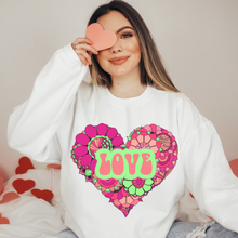 Load image into Gallery viewer, Retro Valentine's Day Pink and Green Heart Love Unisex-Size Winter Crewneck or T-Shirt Valentine's Hippie White Crewneck Sweatshirt