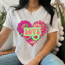 Load image into Gallery viewer, Retro Valentine's Day Pink and Green Heart Love Unisex-Size Winter Crewneck or T-Shirt Valentine's Hippie White Crewneck Sweatshirt