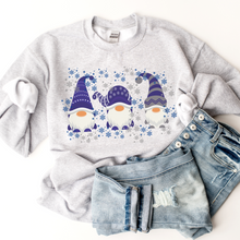 Load image into Gallery viewer, Christmas Crewneck Sweatshirt Women's pullover Three Cute Blue Gnomes in White, Navy or Ash Gift for Her