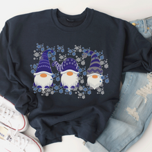 Load image into Gallery viewer, Christmas Crewneck Sweatshirt Women's pullover Three Cute Blue Gnomes in White, Navy or Ash Gift for Her