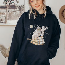 Load image into Gallery viewer, Peace Winter White Owl Women's Black Unisex Hooded or Crewneck Sweatshirt White Owl and Birch Tree on a Cozy, Warm Winter Pullover