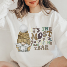 Load image into Gallery viewer, Christmas Crewneck Sweatshirt Retro Pullover Ash, Sand, or White Cozy Soft Gildan Sweatshirt Cute Gnome in Sweater Cap