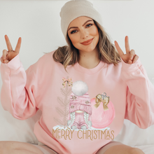 Load image into Gallery viewer, Merry Christmas Crewneck Sweatshirt Women's Pastel Pink Watercolor Gnome White or Ash Grey Cozy Gildan Christmas Pullover