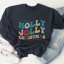 Load image into Gallery viewer, Holly Jolly Christmas Crewneck Sweatshirt Women's Pastel Retro Design Cute White or Ash Grey Cozy Gildan Christmas Pullover