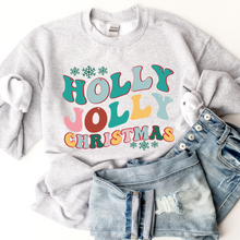 Load image into Gallery viewer, Holly Jolly Christmas Crewneck Sweatshirt Women's Pastel Retro Design Cute White or Ash Grey Cozy Gildan Christmas Pullover