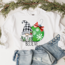 Load image into Gallery viewer, Christmas Gnome Crewneck Sweatshirt Cozy Soft Gildan Believe Sweatshirt Cute Green Gnome and Christmas Ornament Christmas Gift