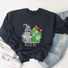 Load image into Gallery viewer, Christmas Gnome Crewneck Sweatshirt Cozy Soft Gildan Believe Sweatshirt Cute Green Gnome and Christmas Ornament Christmas Gift