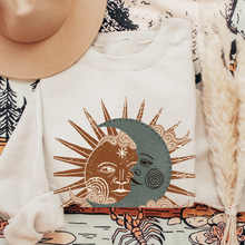 Load image into Gallery viewer, Women's Trendy Sun and Moon Crewneck, Unisex Vintage Sweatshirt, White Ash or Sand Crewneck Gift for Her Sweatshirt, White Sand Ash Gift