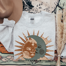 Load image into Gallery viewer, Women's Trendy Sun and Moon Crewneck, Unisex Vintage Sweatshirt, White Ash or Sand Crewneck Gift for Her Sweatshirt, White Sand Ash Gift