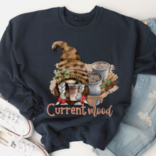 Load image into Gallery viewer, Christmas Women's Unisex-Size Crewneck Sweatshirt Current Mood Coffee Cute Hand Drawn Watercolor Gnome in Ash, Sand, White or Navy