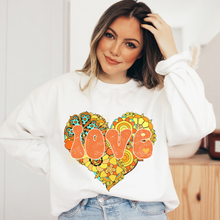 Load image into Gallery viewer, Retro Valentine's Day Orange and Yellow Heart Love Unisex-Size Winter Crewneck or T-Shirt Valentine's Hippie White Crewneck Sweatshirt