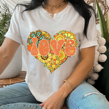Load image into Gallery viewer, Retro Valentine's Day Orange and Yellow Heart Love Unisex-Size Winter Crewneck or T-Shirt Valentine's Hippie White Crewneck Sweatshirt