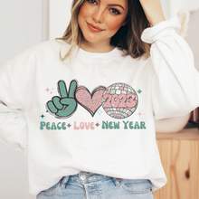 Load image into Gallery viewer, Peace Love New Year Crewneck Sweatshirt Women's Soft, Cozy Crewneck Pullover in Ash or White Vintage Retro Design