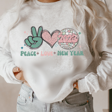 Load image into Gallery viewer, Peace Love New Year Crewneck Sweatshirt Women's Soft, Cozy Crewneck Pullover in Ash or White Vintage Retro Design