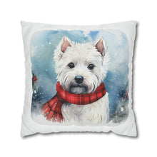 Load image into Gallery viewer, Christmas Pillow Cover, West Highland Terrier, Square Pillow Cover, Terrier in a Tartan Scarf, Holiday Pillow Cover, Holiday Decor Pillow Cover
