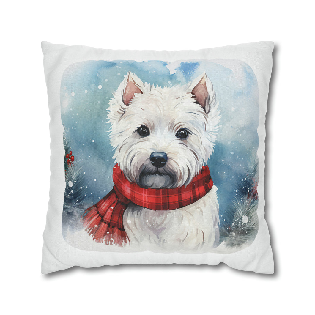 Christmas Pillow Cover, West Highland Terrier, Square Pillow Cover, Terrier in a Tartan Scarf, Holiday Pillow Cover, Holiday Decor Pillow Cover