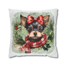 Load image into Gallery viewer, Christmas Pillow Cover, Yorkshire Terrier Pillow Cover, Yorkie in a Christmas Scarf, Holiday Pillow Cover, Holiday Decor Pillow Cover
