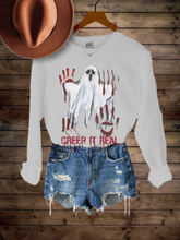 Load image into Gallery viewer, Women&#39;s Funny Halloween Creep It Real Crewneck Sweatshirt Funny Slasher Movie Pullover
