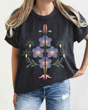 Load image into Gallery viewer, Abstract Violets Boho Comfort Colors T-Shirt, Women&#39;s Boho Distressed-Look Design, Folk Art Design T-Shirt
