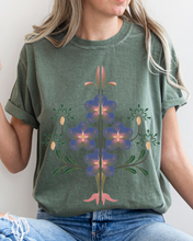 Load image into Gallery viewer, Abstract Violets Boho Comfort Colors T-Shirt, Women&#39;s Boho Distressed-Look Design, Folk Art Design T-Shirt
