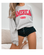 Load image into Gallery viewer, America Est 1776 Women&#39;s Sweatshirt, Oversize 4th of July Oversize Varsity Letters Pullover, Ash, Sand, Grey or White
