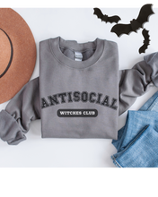 Load image into Gallery viewer, Halloween Antisocial Witches Club Crewneck Sweatshirt, Women&#39;s Cozy Halloween or Fall Pullover
