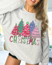 Load image into Gallery viewer, Women's Christmas Crewneck Sweatshirt Watercolor Pastel Christmas Trees Pink Ash Sand and White
