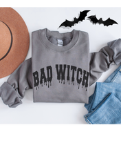 Load image into Gallery viewer, Bad Witch Crewneck Sweatshirt Women&#39;s Funny Women&#39;s Autumn or Fall Varsity Letters Gildan Pullover
