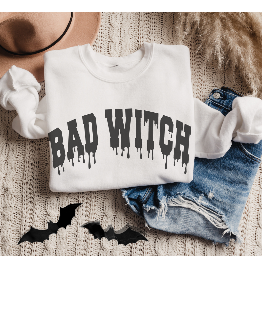 Bad Witch Crewneck Sweatshirt Women's Funny Women's Autumn or Fall Varsity Letters Gildan Pullover