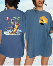 Load image into Gallery viewer, Summer Beach Comfort Colors® T-Shirt, Retro Summer T-Shirt Dress, 1970&#39;s Drinking Skeleton, Front, Back Design
