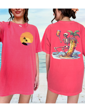 Load image into Gallery viewer, Summer Beach Comfort Colors® T-Shirt, Retro Summer T-Shirt Dress, 1970&#39;s Drinking Skeleton, Front, Back Design
