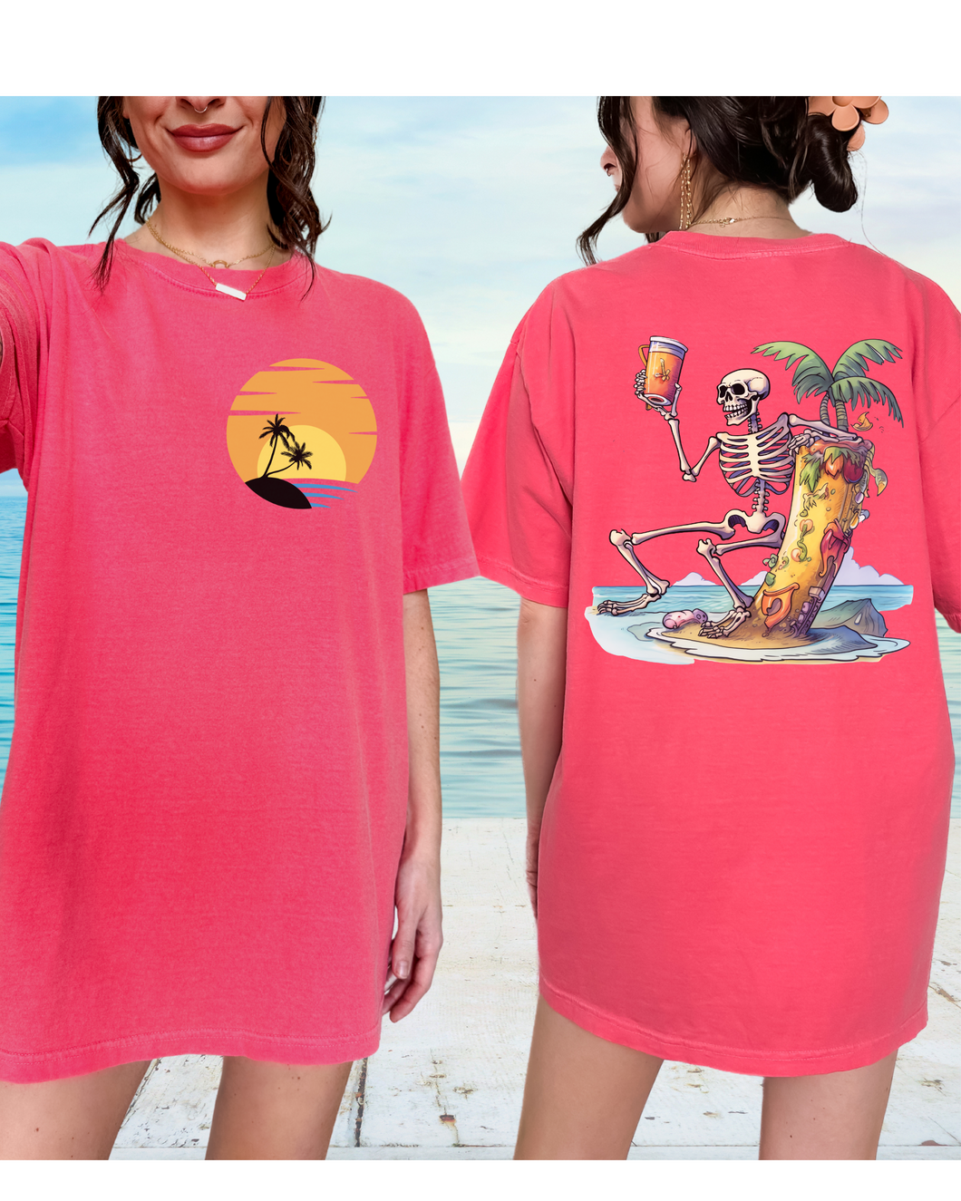 Summer Beach Comfort Colors® T-Shirt, Retro Summer T-Shirt Dress, 1970's Drinking Skeleton, Front, Back Design