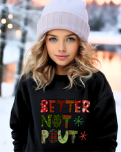 Load image into Gallery viewer, Better Not Pout Youth Crewneck Sweatshirt, Cute Kids Christmas Crewneck Pullover
