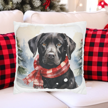 Load image into Gallery viewer, Christmas Pillow Cover, Black Lab, Square Pillow Cover, Retriever in a Christmas Scarf, Holiday Pillow Cover, Holiday Decor Pillow Cover
