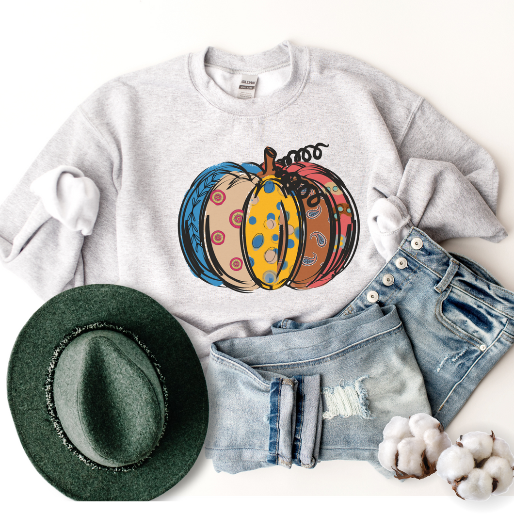 Women's Pumpkin Crewneck Sweatshirt Women's Hand Calico Pumpkin Design Gildan Pullover