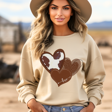 Load image into Gallery viewer, Women&#39;s Valentine&#39;s Rustic Western Cowhide Hearts Crewneck Sweatshirt Unisex Cozy Gildan Valentine&#39;s Day Pullover or T-Shirt
