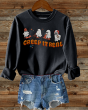 Load image into Gallery viewer, Women&#39;s Halloween Crewneck Sweatshirt Funny Sports Ghosts Black, Dark Heather, Ash, Sand, White, Orange, Gold
